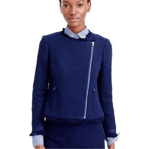 J.Crew Tweed Moto Asymmetric Zip Fringe Jacket Blazer Size 6 Style E8493 Blue